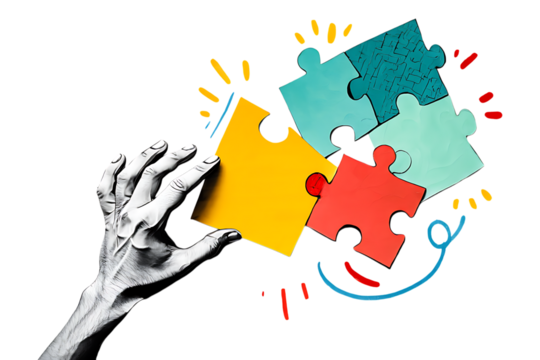 Hand Connecting Colorful Puzzle Pieces isolated on a transparent background connection solution