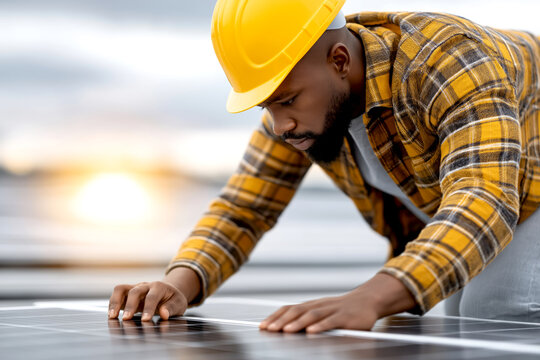 Male solar panel technician in yellow hard hat, carefully inspecting solar panels on rooftop during sunset, showcasing renewable energy installation and commitment to sustainable technology
