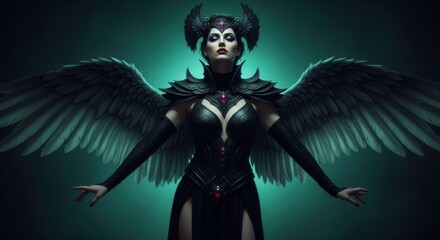 Dark Angelic Warrior with Obsidian Wings and Regal Headdress
