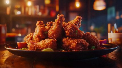 Crispy fried chicken drumsticks served on dark plate, garnished with green onions, creating warm and inviting atmosphere