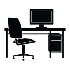 Minimalist office work desk with computer monitor and keyboard silhouette design