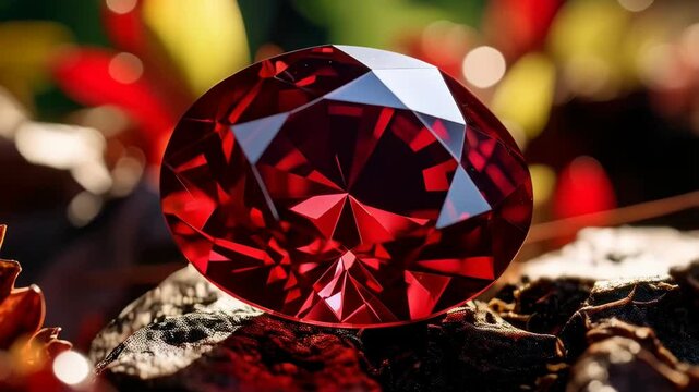 Close-up of a faceted red gemstone resting on a rough textured surface, reflecting light and showcasing its vibrant color in a natural setting.