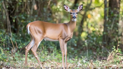 Fototapeta premium A beautiful white tailed deer stands in a forest setting