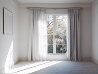 A white room with a window and white curtains. The curtains are open and the sunlight is shining through