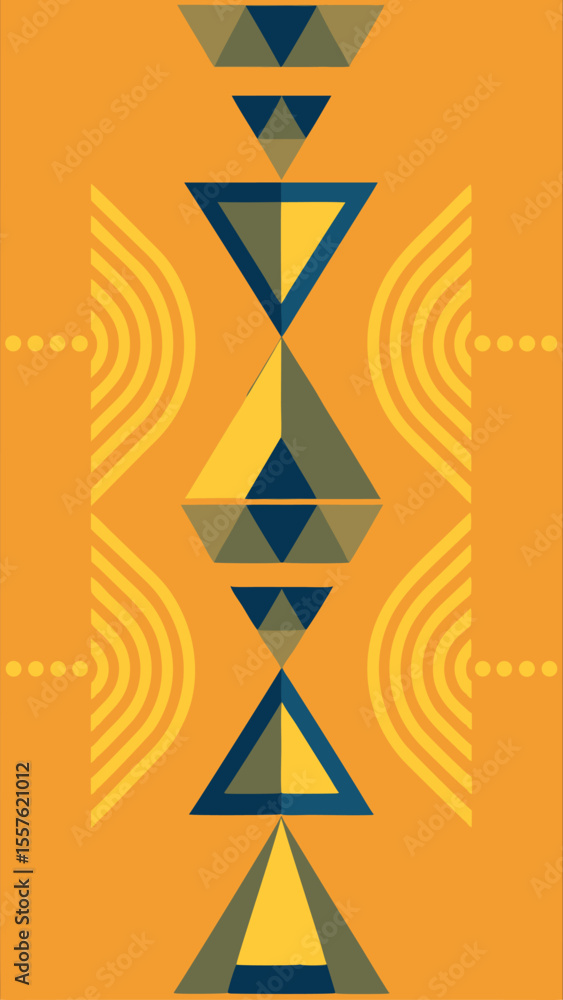 Poster abstract geometric design featuring triangles and arcs on a warm orange background