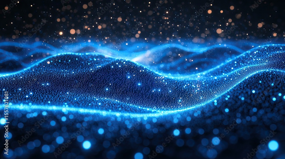 Poster vibrant data light stream with flowing blue glowing particles illustrating fast digital communicatio