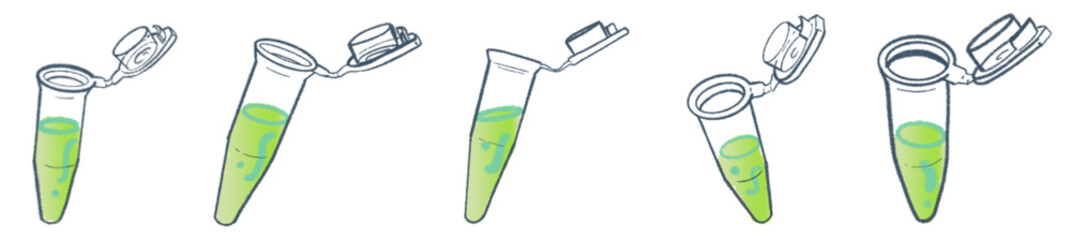 Hand-Drawn Microcentrifuge Tube Collection – Cute Science Lab Illustration Set with Green Liquid for Medical Research, Biotechnology Projects, Academic Presentations, and Laboratory-Themed Branding 