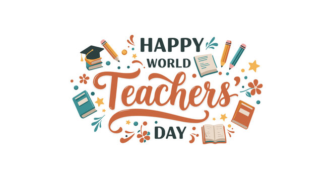 Happy World Teachers' Day colorful illustration with books and graduation cap