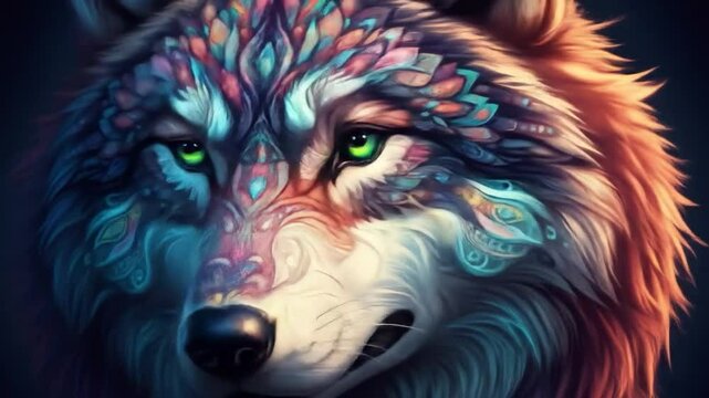 Mystical Wolf Portrait with Vibrant Floral Designs