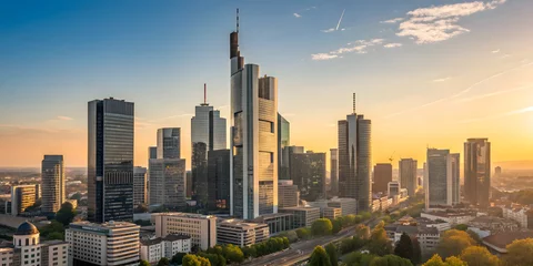 A stunning wide shot captures the frankfurt skyline at sunset, showcasing the citys modern architecture and vibrant urban landscape © Faruk
