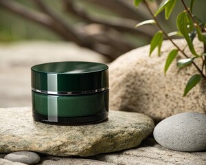 Dark green Cosmetic Jar on stone