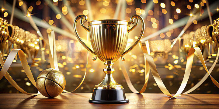 A golden trophy stands prominently on a wooden table alongside a basketball. Shimmering ribbons and sparkling decorations create a celebratory atmosphere typical of an awards event
