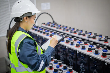 Technician inspects backup battery power system carefully while taking notes to ensure system...