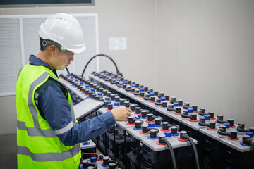 Technician inspects backup battery power system carefully while holding clipboard in industrial...