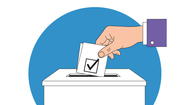 Voter casts ballot into polling station box during election campaign process