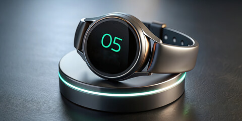 A stylish smartwatch is positioned on a circular charging dock. The watch displays the number 05 in vibrant green, highlighting its futuristic design in a moody atmosphere