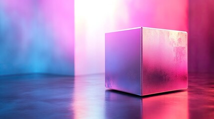White cube hologram with pastel color reflections floating in minimal space for futuristic digital 3D design