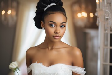 Naklejka premium Gorgeous african american bride wearing white wedding gown holding a single white rose getting ready for her marriage ceremony