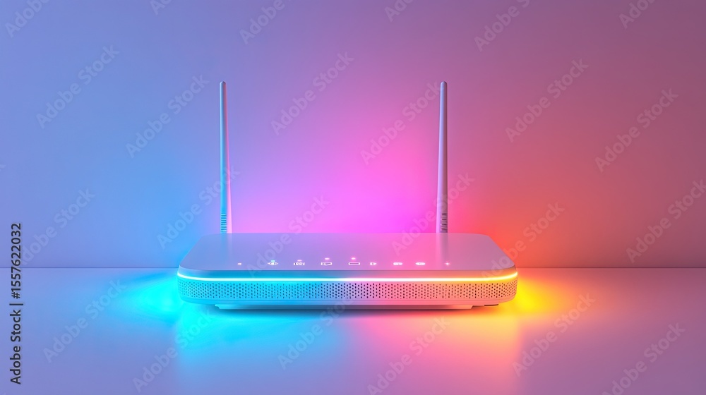 Aufkleber white wireless router with glowing lights, internet connection device on clean minimal studio backgr