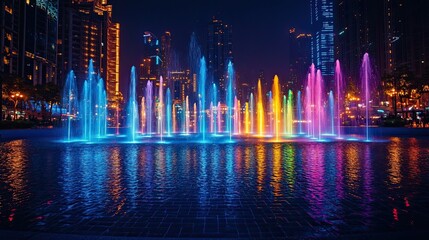 Wide view color fountain glowing softly with neon blue and multicolor light illustrating vibrant artistic digital displays