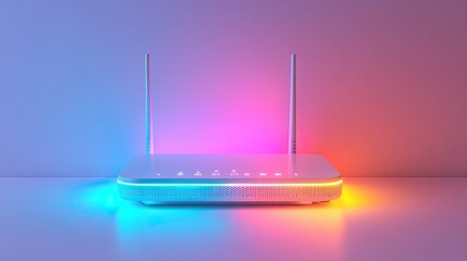 White wireless router with glowing lights, internet connection device on clean minimal studio background