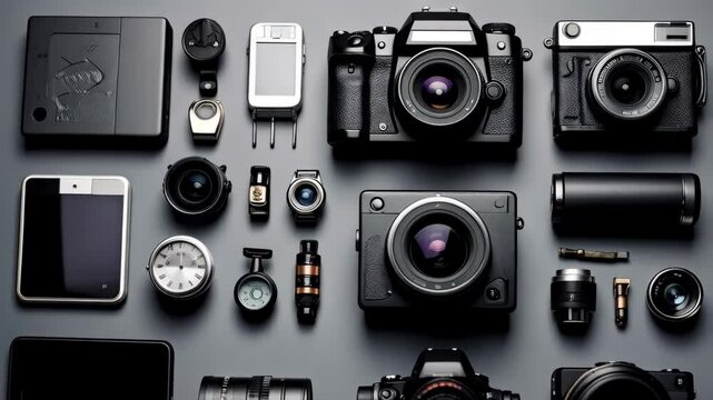 Collection of electronic gadgets arranged on gray surface, including cameras, lens, smartphone, cell phones and other tech tools.
