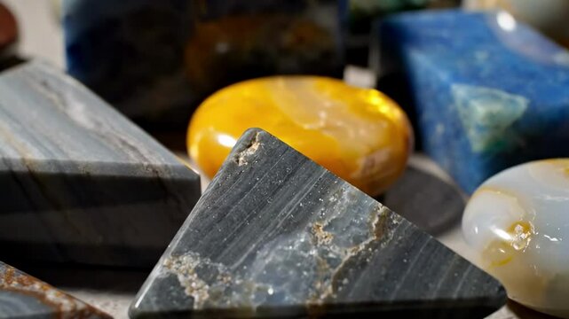 A vibrant collection of polished gemstones including agate, lapis lazuli, and quartz, showcasing their unique colors and textures against a neutral background, ideal for educational or decorative use