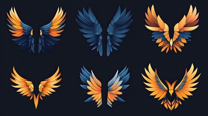 Wings logo vector set with various styles and abstract symmetry, perfect for branding, aviation, or digital identity