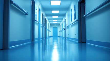 A long, narrow hallway with blue lighting, white walls, and metal railings. The hallway is empty, with no visible occupants or objects.