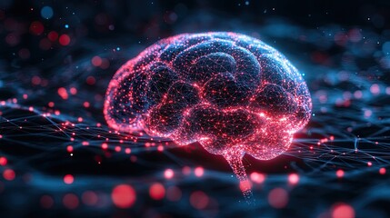 Wireframe brain model representing artificial intelligence, machine learning, and digital neural network visualization