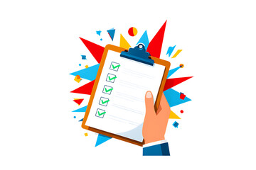 Hand holding checklist with green checkmarks and abstract shapes isolated on a transparent background