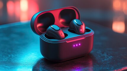 Wireless earbuds in charging case with modern design and tech lighting in an isolated product display image