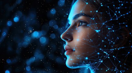 Woman Thinking Digital Network with glowing blue digital lines and nodes representing modern communication and network concepts