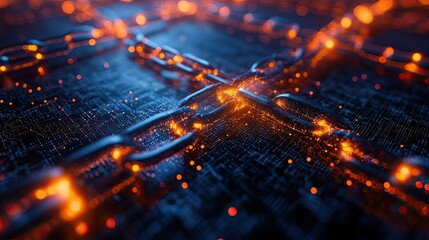 3D Blockchain Network Render with Glowing Nodes and Links Representing Decentralized Technology and Innovation