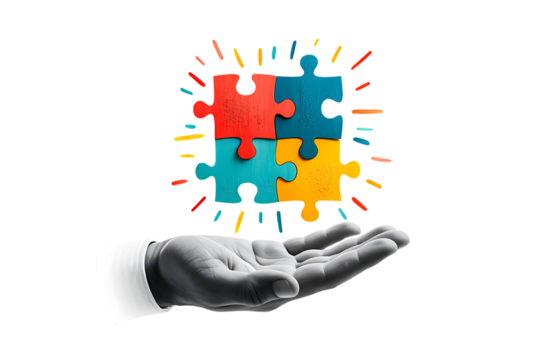 Hand holding colorful connected puzzle pieces with radiating lines isolated on a transparent background