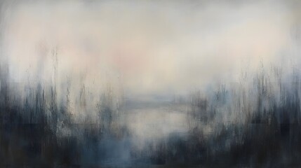 Fototapeta premium Misty Morning Landscape Painting: Serene Water Scene with Soft Hues and Textured Brushstrokes