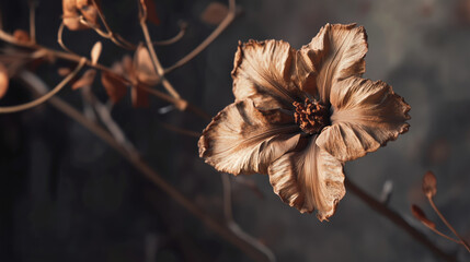 Dried brown flower with intricate petals and textured appearance, showcasing natural beauty and elegance in muted background