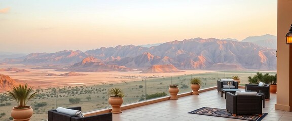 Sama Wakan Heritage Hotel terrace overlooking Western Hajar Mountains, Oman,  South Batinah,  view