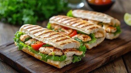 Three grilled chicken sandwiches with lettuce and tomato on a wooden cutting board.