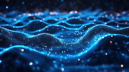 3D Digital Landscape Terrain with blue glowing grids and futuristic abstract technology background, ideal for concept art