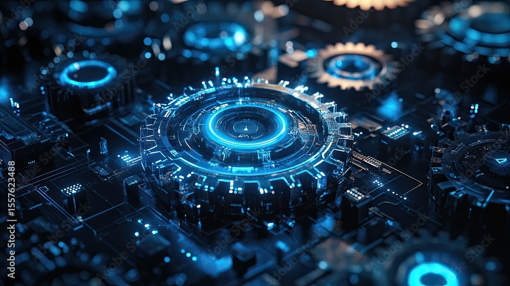 Aufkleber 3d gears with blue light and digital mechanical elements for futuristic tech visuals and abstract ba