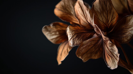 Dried brown Tecoma flowers with intricate veins, showcasing their unique texture and beauty against dark background