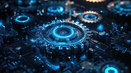 3D gears with blue light and digital mechanical elements for futuristic tech visuals and abstract background