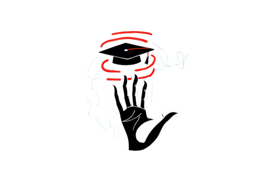 Hand holding graduation cap with red waves and white swirls isolated on a transparent background education