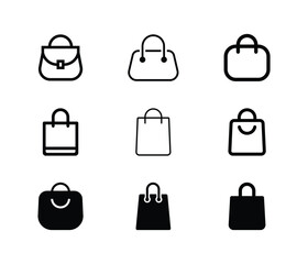 Shopping Bags icon vector set in black flat and line stroke style