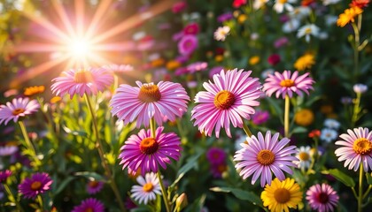 Fototapeta premium Sunlight bathes vibrant asters and assorted blooms in a lush flower garden, bloom, botanical