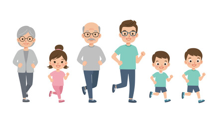 Diverse groups of people, including business teams, young friends, and happy families with children, smiling together in fun, vibrant cartoon illustrations