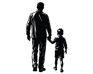 black silhouette of a father and his child isolated white background