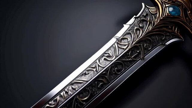 Detailed ornate sword with a jewel placed on a dark background, fantasy weapon, sharp blade, decorative handle, ancient design.