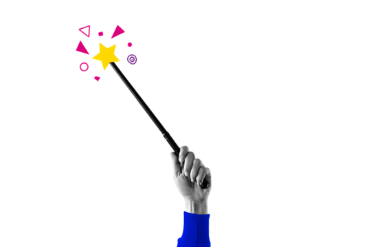 Hand holding magic wand with star and geometric shapes isolated on a transparent background yellow - Powered by Adobe